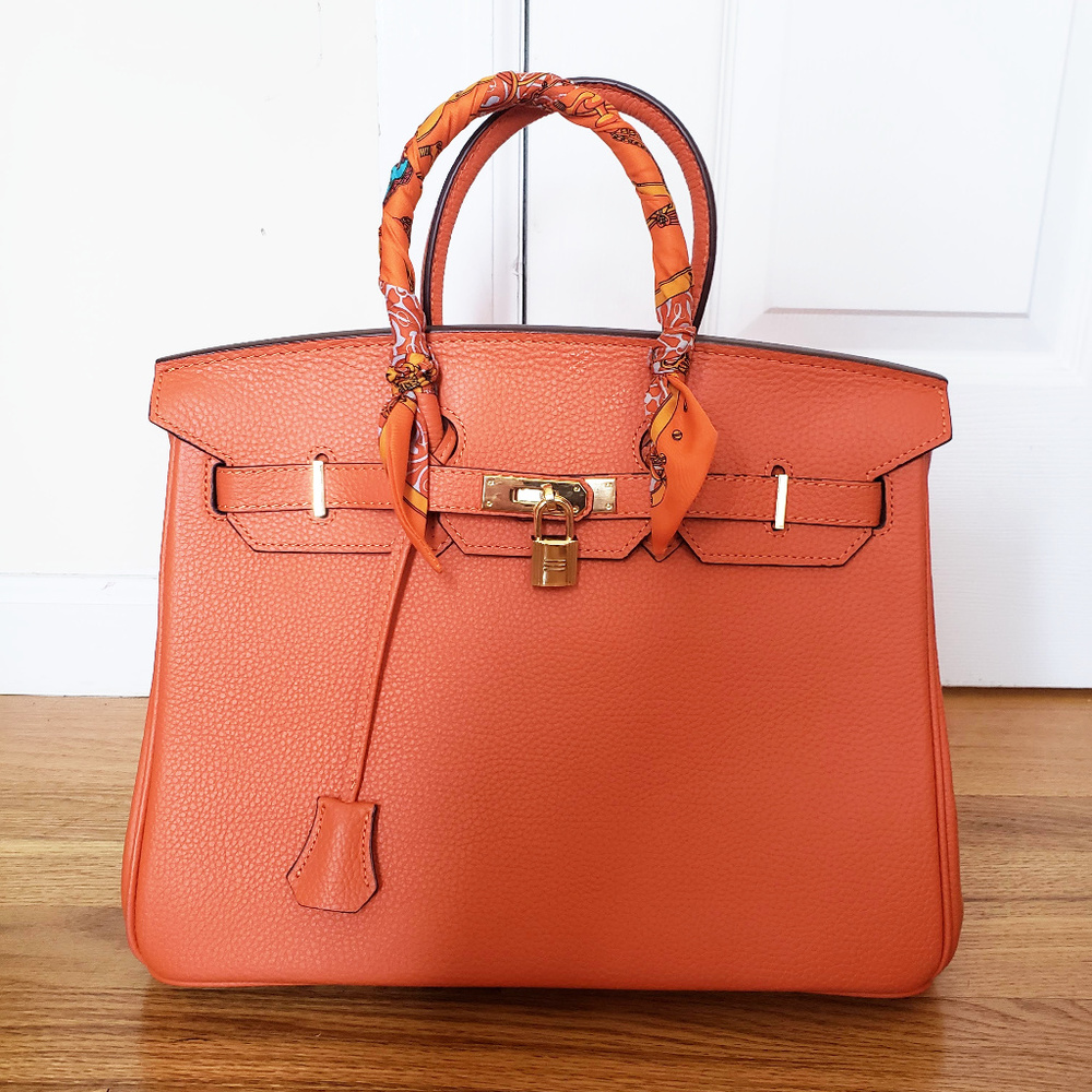 Birkin Style 35 Orange Togo Leather Tote w Twilly